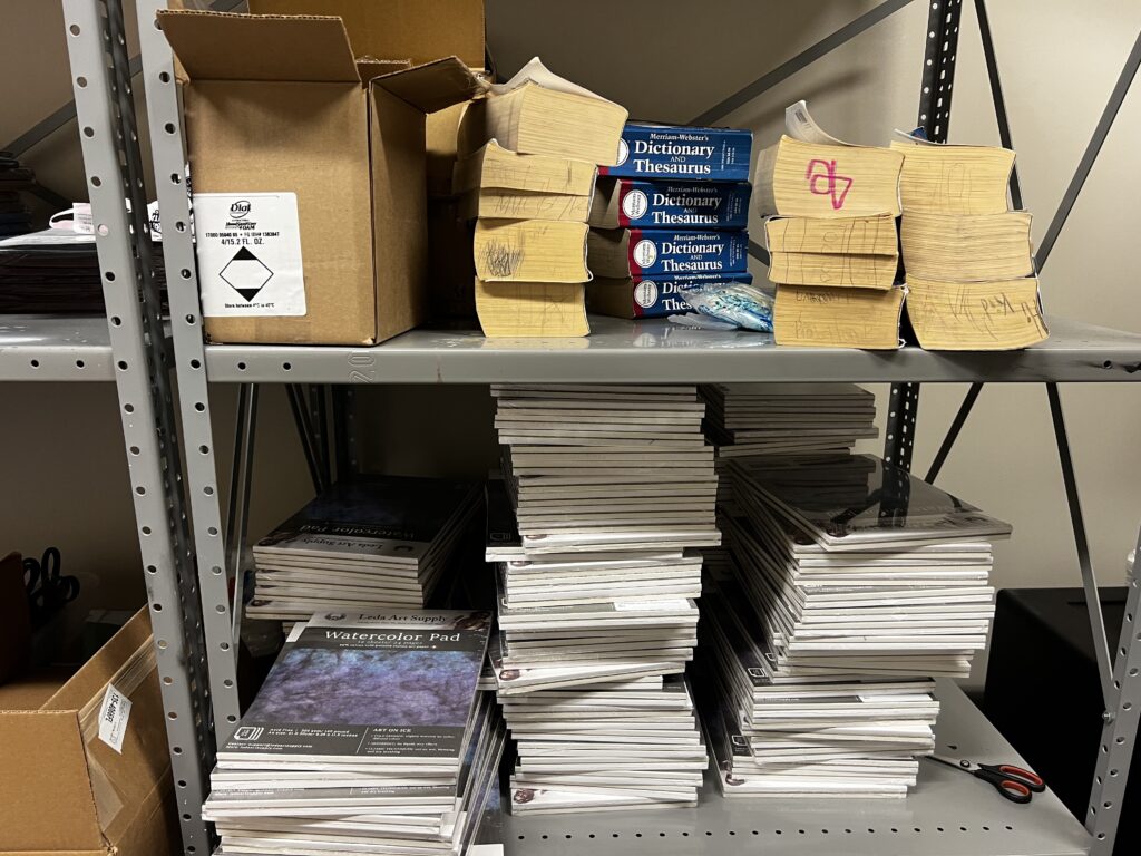 high school donation pads stored.